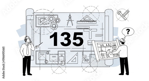 Architects Reviewing Blueprint with Number 135.