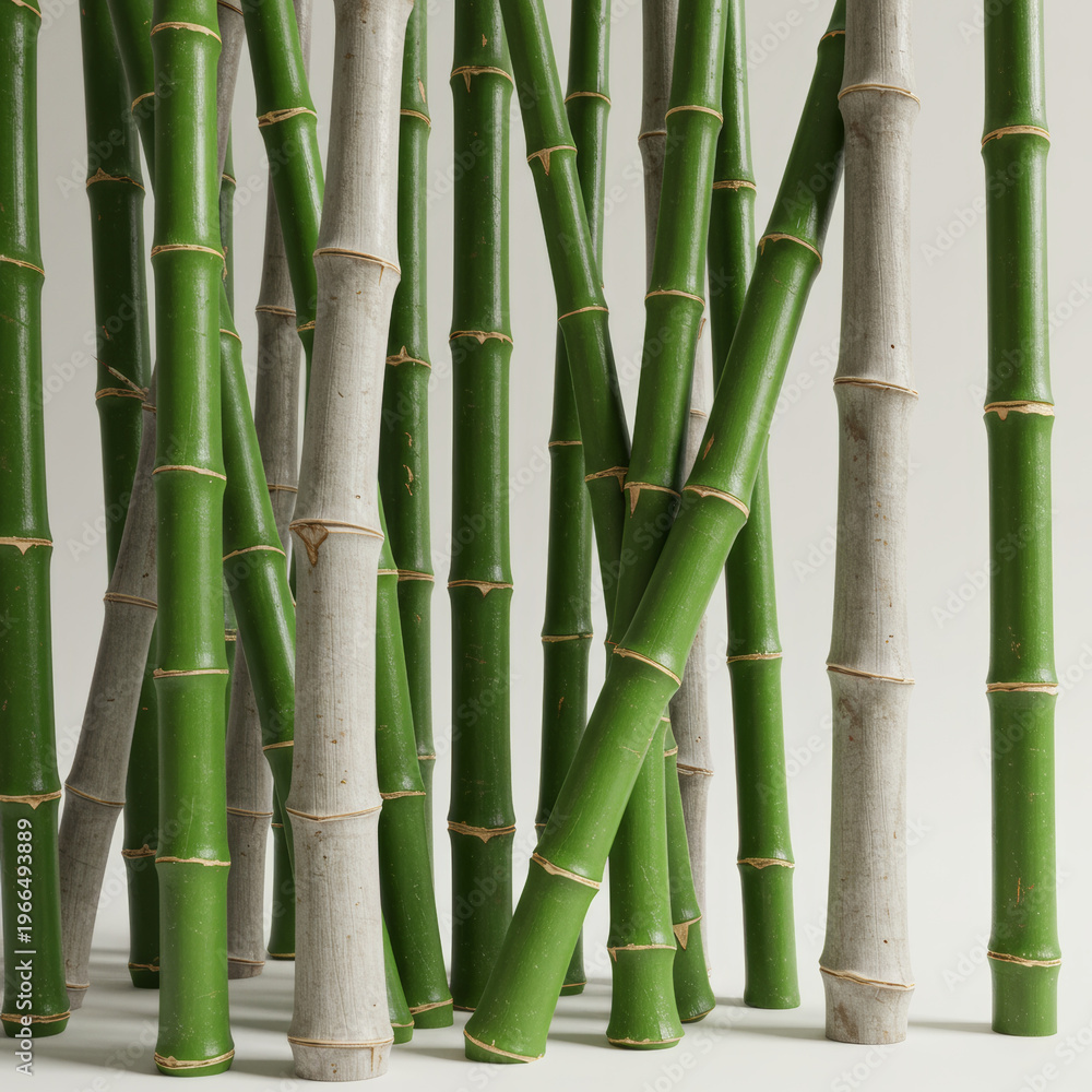 Fototapeta premium Green and gray bamboo poles with visible nodes, studio lit, minimalist background, natural texture, organic material, decorative arrangement.