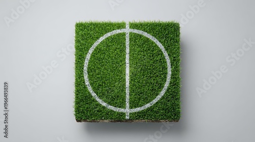 Top view of green artificial grass square with white soccer field markings on gray