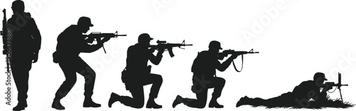 Silhouette of soldiers in various combat stances with rifles on a white background Keywords: soldier, military, army, combat, silhouette, rifle, weapon, standing, kneeling, prone, action