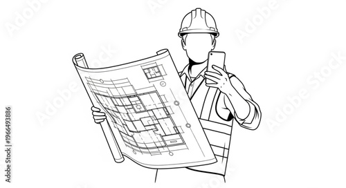 Architectural Blueprint and Construction Worker Holding Phone.