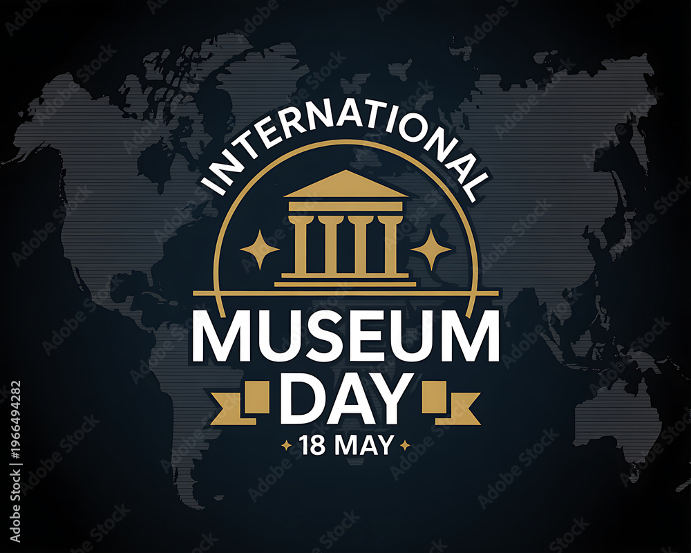 Obraz premium International museum day on may 18th with a gold and white logo on a dark background with a world map
