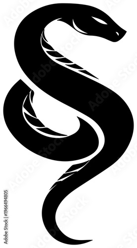 Coiled serpent with raised head in black silhouette against white background symbolizing danger power and mysticism in a simple graphic illustration