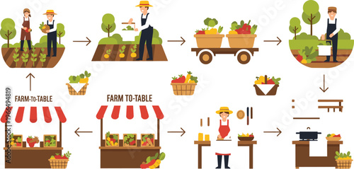 Farm to table food production process flat vector illustration agriculture supply chain from farmer harvest market and cooking stages