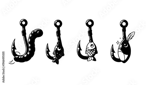 Cute fishing hook icon set bait cartoon vector collection