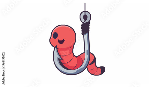 Cute fishing hook with worm bait cartoon vector illustration