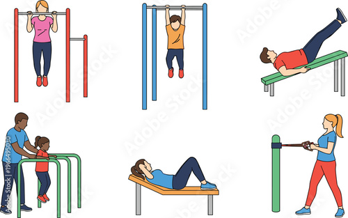 Outdoor Fitness Vector Set with People Doing Exercises on Bars, Bench Workout and Street Gym Training for Healthy Lifestyle and Sport Illustration