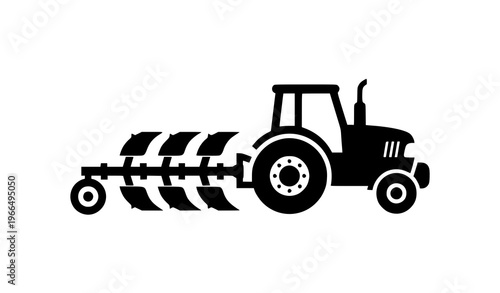 Farm tractor with plow silhouette side view agriculture vector icon