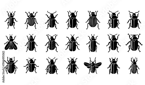 Insect silhouette icon grid beetle bugs doodle vector set