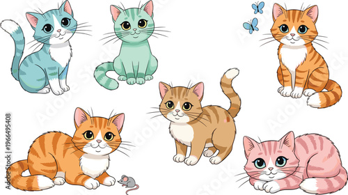 Cute Kitten Vector Set with Different Cats Sitting, Playing and Lying in Adorable Cartoon Style for Pet Illustration and Animal Collection