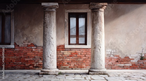 Weathered ancient columns framing small window in rustic brick building
