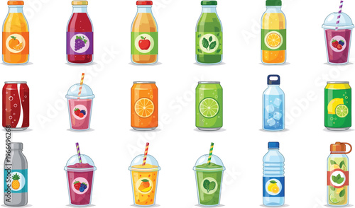 Fresh Juice and Beverage Bottle Vector Set Featuring Smoothies Soda Drinks Water Bottles and Fruit Flavored Beverages for Cafe Menu and Packaging Design