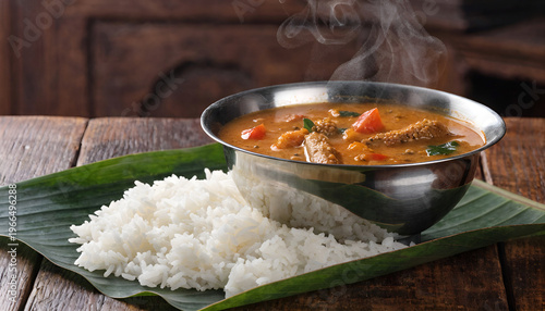 Authentic Udupi sambar saaru with vegetables in steel bowl