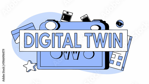 Digital twin, futuristic technology, blue illustration, graphic design element, icon