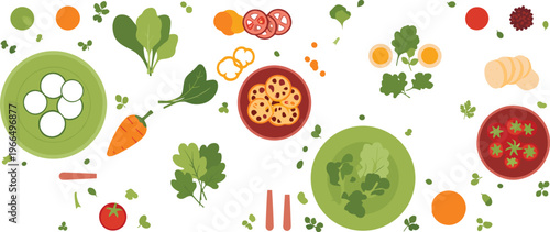 Healthy vegetable dishes and ingredients top view salad soup pizza flat vector illustration set