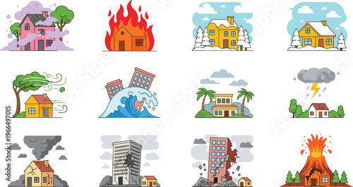 Natural Disaster Vector Set with Fire, Flood, Earthquake, Tornado, Storm and Volcanic Eruption Scenes for Emergency, Climate Crisis and Safety Illustration