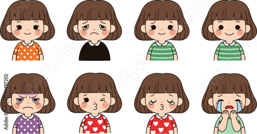 Girl Facial Expression Vector Set with Happy, Sad, Angry, Crying and Cute Emotions for Kids Character Design, Animation and Emotion Illustration