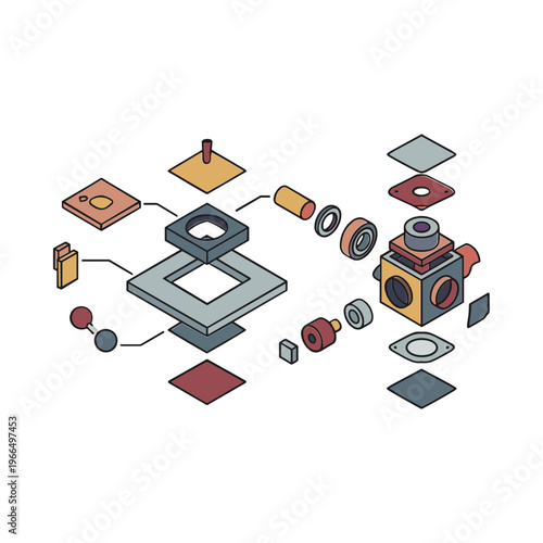 The image shows a disassembled camera and printer parts scattered on a surface.