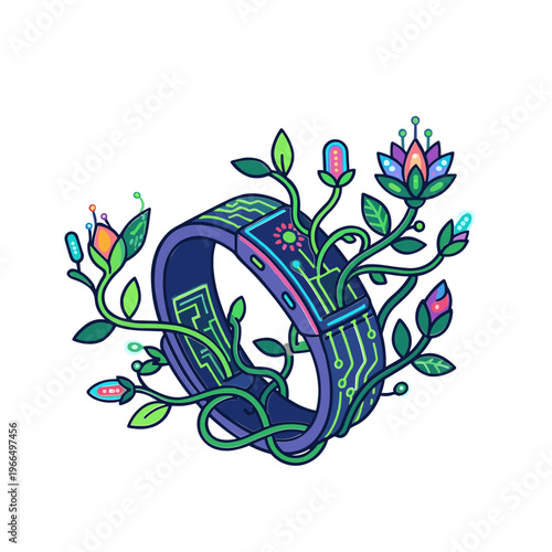 Vibrant floral pattern wraps around a decorative ring on a white background