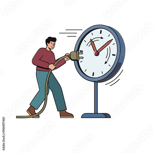 Man using a hose to spray a large clock standing still.