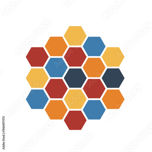A colorful illustration of a honeycomb structure composed of hexagons.