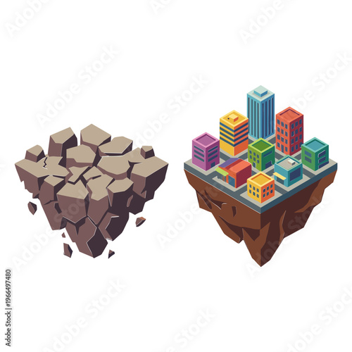 An illustration depicts a desolate cracked earth contrasted with a thriving cityscape.