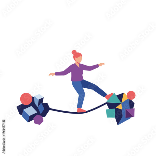 A woman balances on a tightrope with colorful shapes on both sides carefully.