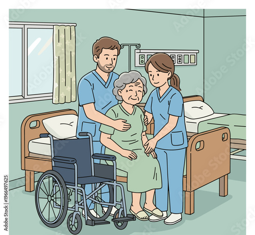 Conceptual vector illustrations of nursing work scenarios.