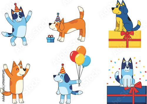 Cute Dogs Birthday Party Vector Set with Gifts, Balloons and Celebration Poses for Pets, Holiday Design and Cartoon Animal Illustration