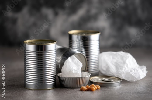 Shiny empty tin cans with crumpled paper and small snacks displayed