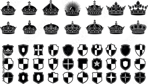 Collection of Black Crowns and Shields with Heraldic Symbols for Royalty, Emblem, and Coat of Arms Designs