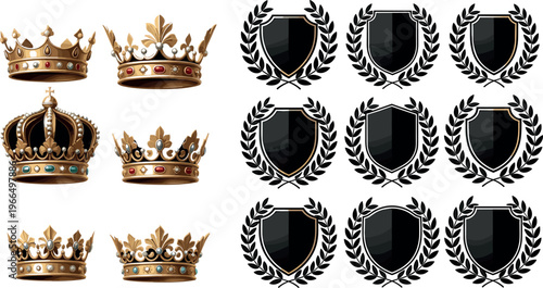 Set of Royal Crowns and Laurel Shields with Gold Trim and Gemstones for Heraldic, Emblem, and Regal Designs