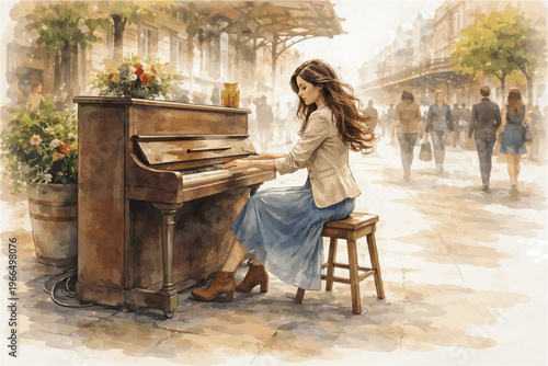 Female Street Musician Watercolor Illustration Collection in Urban Outdoor Scenes