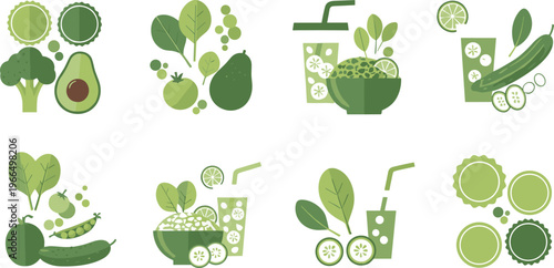 Green vegetable food icons set healthy organic ingredients salad smoothie flat vector illustration