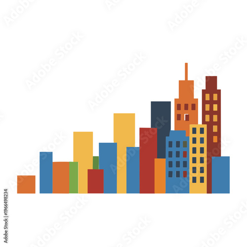 A vibrant city skyline illustration showcases various buildings and skyscrapers in a bustling urban environment.