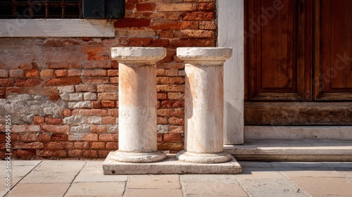Weathered ancient columns standing beside rustic brick building entrance