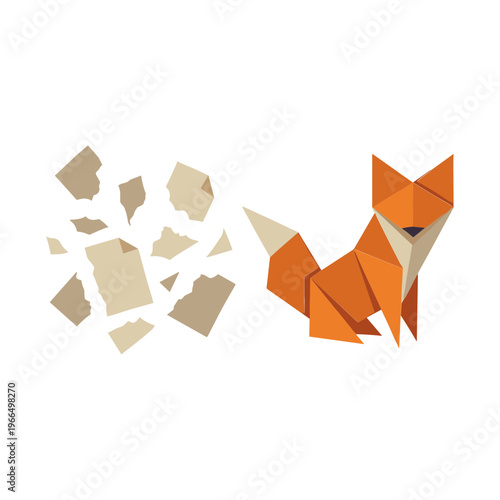 An origami fox emerges from scattered paper pieces on a white surface.