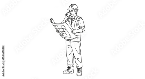 Architectural Blueprint Reading by Construction Worker.