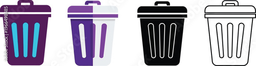 Vector set of trash can icons presented in flat design glyph and outline styles suitable for web and mobile app interfaces or digital deletion concepts
