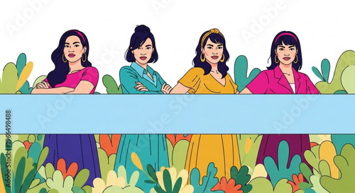Four diverse women standing behind a blue banner in a colorful garden with flowers and plants smiling and looking forward with confidence and positivity