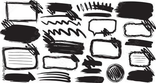 A versatile collection of black ink-style design elements, featuring messy rectangular borders, thick brush strokes, wavy lines, and distressed highlight textures for creative layouts and journaling.
