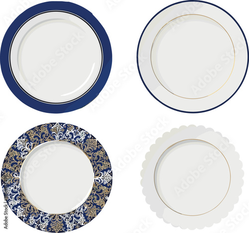 Set of Four Elegant Decorative Plates with Gold Trim and Floral, Scalloped, and Circular Designs for Tableware, Dinnerware, and Kitchen Decor