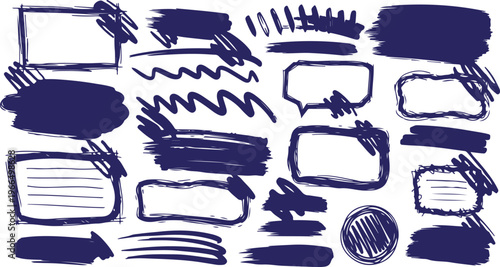 A collection of dark blue ink-style elements, featuring rectangular frames with scribbled corners, thick brush strokes, and distressed textures for modern artistic layouts.