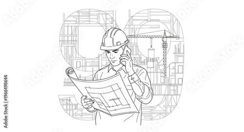 Architectural Blueprint Review by Construction Worker in Hard Hat.