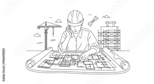 Architectural Blueprint Review by Engineer with Hard Hat and Tools.