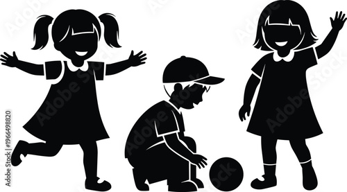 Silhouettes of three kids playing outdoors, two girls smiling and waving, boy crouching with ball, fun childhood moments, vector illustration for family or playtime.
