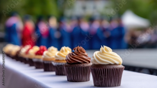 Colorful frosting cupcakes lined up on elegant outdoor dessert table