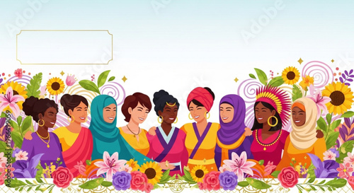 Diverse group of women in colorful traditional clothing and headscarves standing together with vibrant flowers