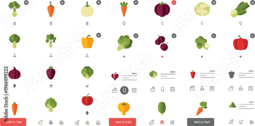 Vegetable grocery app icons and UI elements set fresh vegetables interface design flat vector illustration