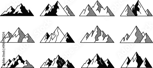 solid silhouette vector icons set of twelve geometric mountain ranges with black peaks, jagged ridges, and technical line art shading for modern nature branding,